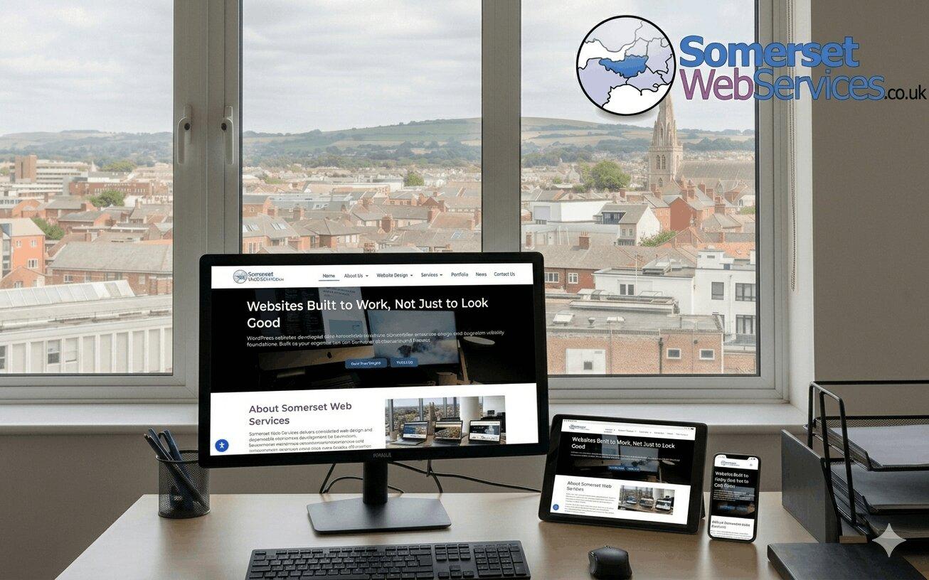Image showing new SWS website on screens with logo in corner